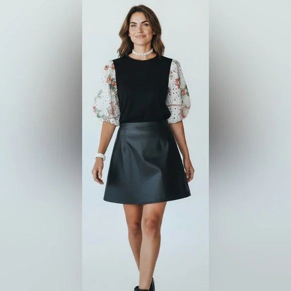 Elegant Black Gracia Top with Puffy Lace Floral Sleeves