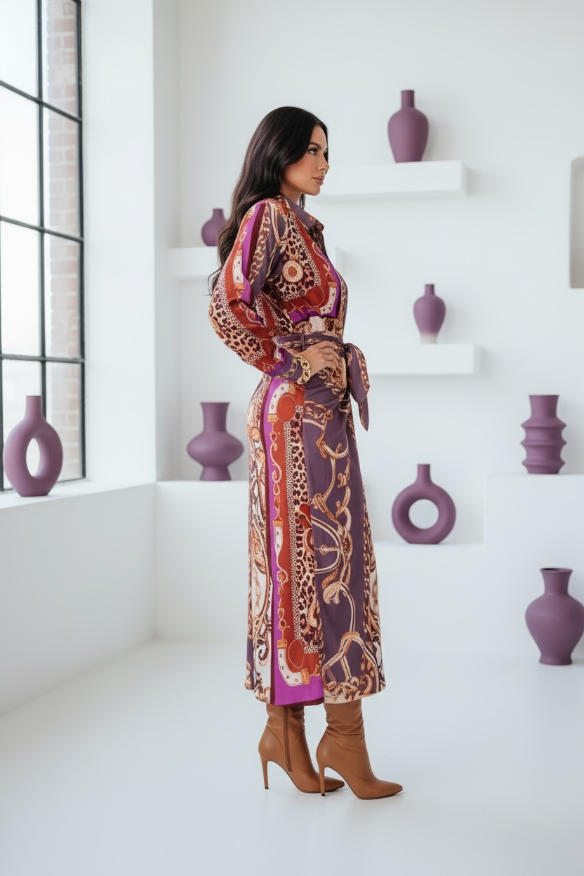 Chic Long Sleeve Dress in Purple and Gold