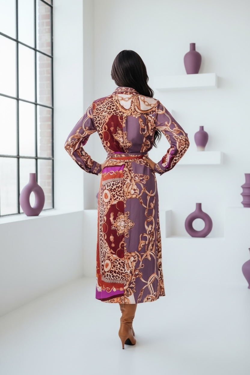 Chic Long Sleeve Dress in Purple and Gold