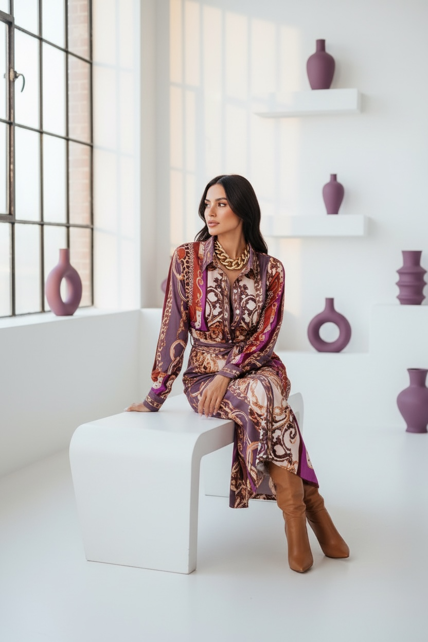 Chic Long Sleeve Dress in Purple and Gold