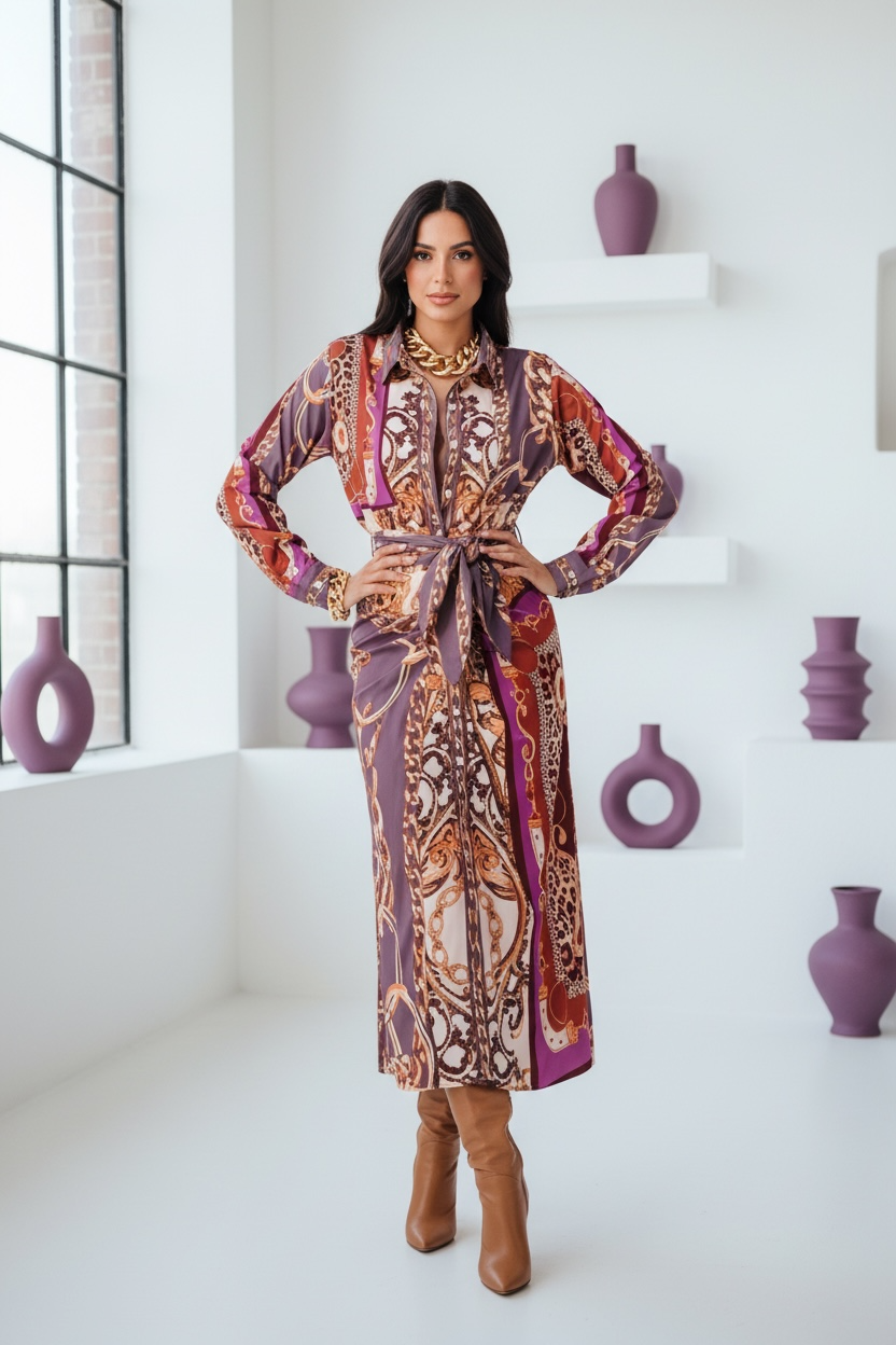 Chic Long Sleeve Dress in Purple and Gold