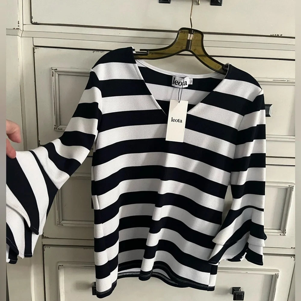 Leota Striped Navy and White striped top with double ruffle sleeves. NEW W/TAGS!
