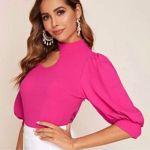 A Classy Chic Boutique Vibrant Pink Blouse with Puff Sleeves