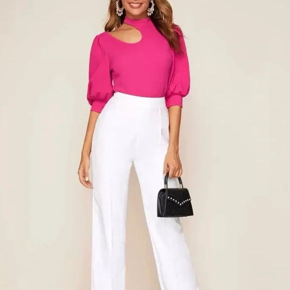 A Classy Chic Boutique Vibrant Pink Blouse with Puff Sleeves