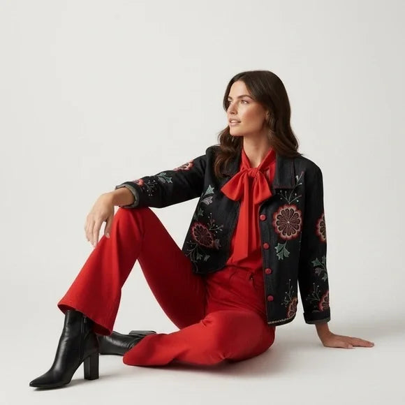 Floral Embroidered Black Blazer