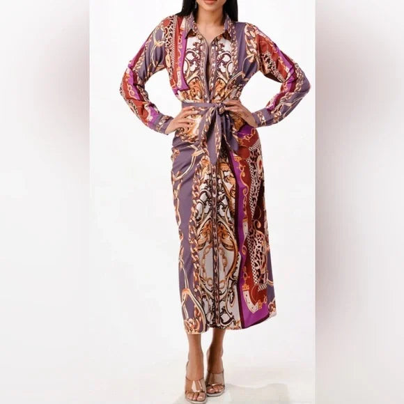 Chic Long Sleeve Dress in Purple and Gold