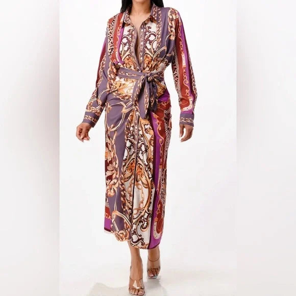 Chic Long Sleeve Dress in Purple and Gold