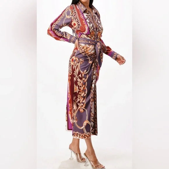 Chic Long Sleeve Dress in Purple and Gold