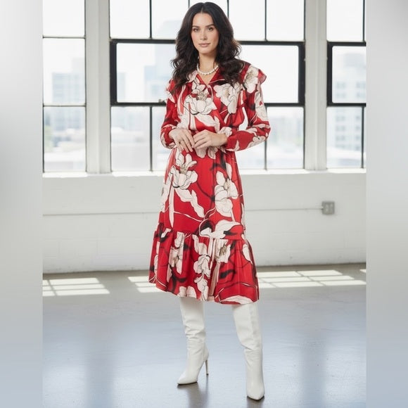 Christian Siriano Satin Floral Long Sleeve Dress