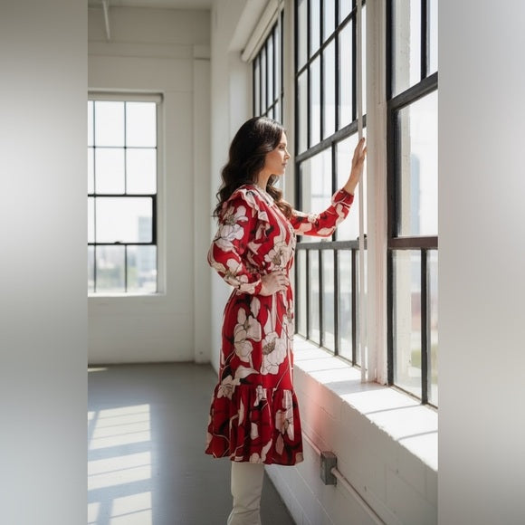 Christian Siriano Satin Floral Long Sleeve Dress