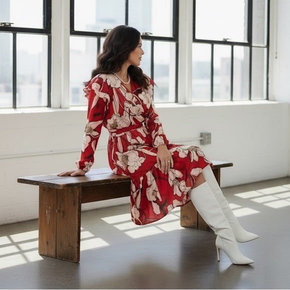 Christian Siriano Satin Floral Long Sleeve Dress