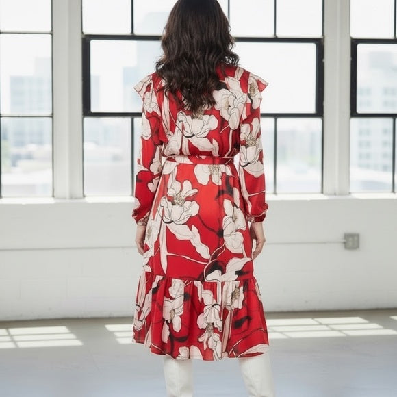 Christian Siriano Satin Floral Long Sleeve Dress