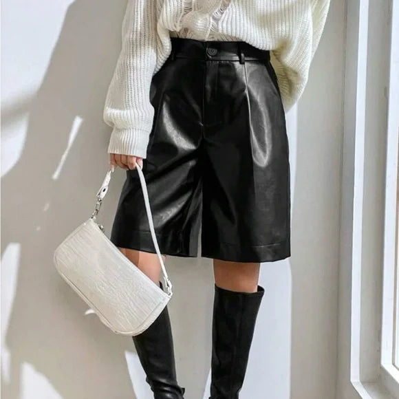 Black Faux Leather Ladies Dress Shorts