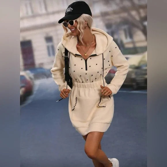 Cream Hooded Dress with Black Pearl Polka Dots