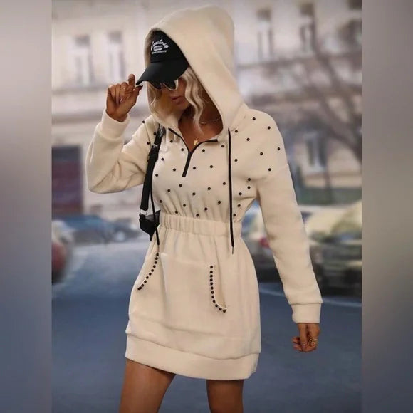 Cream Hooded Dress with Black Pearl Polka Dots