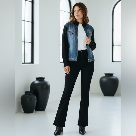 Denim Jean Jacket with Black sweater Sleeves