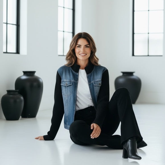 Denim Jean Jacket with Black sweater Sleeves