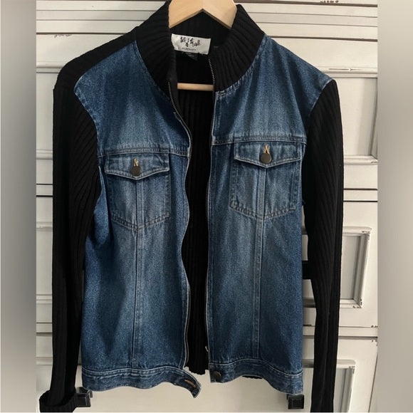 Denim Jean Jacket with Black sweater Sleeves