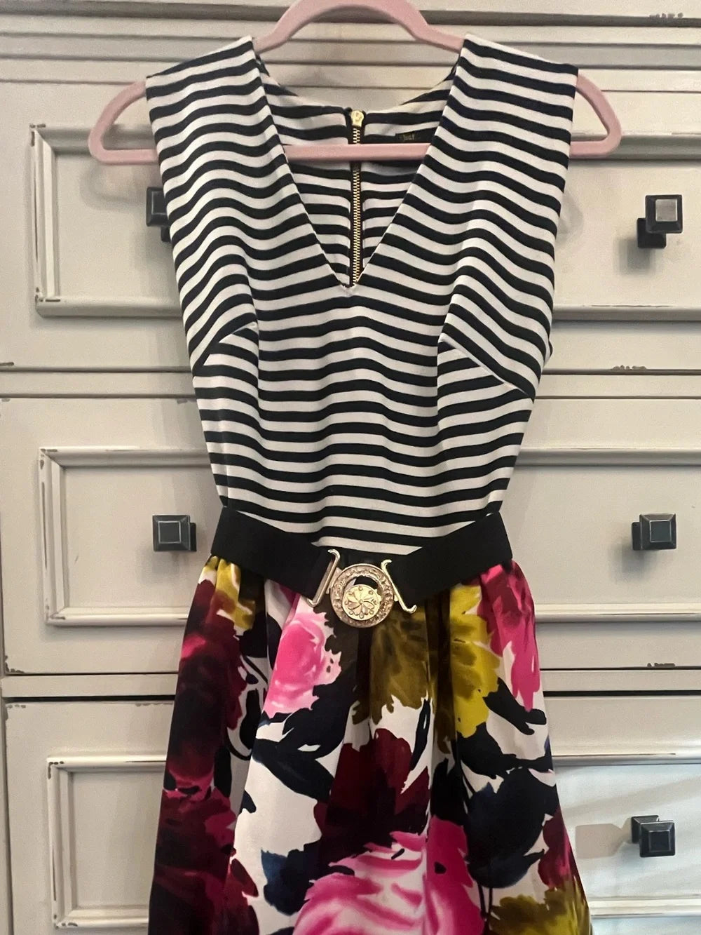 Just...Taylor Black & White Striped Top Floral Fit-and-Flare Mini Dress