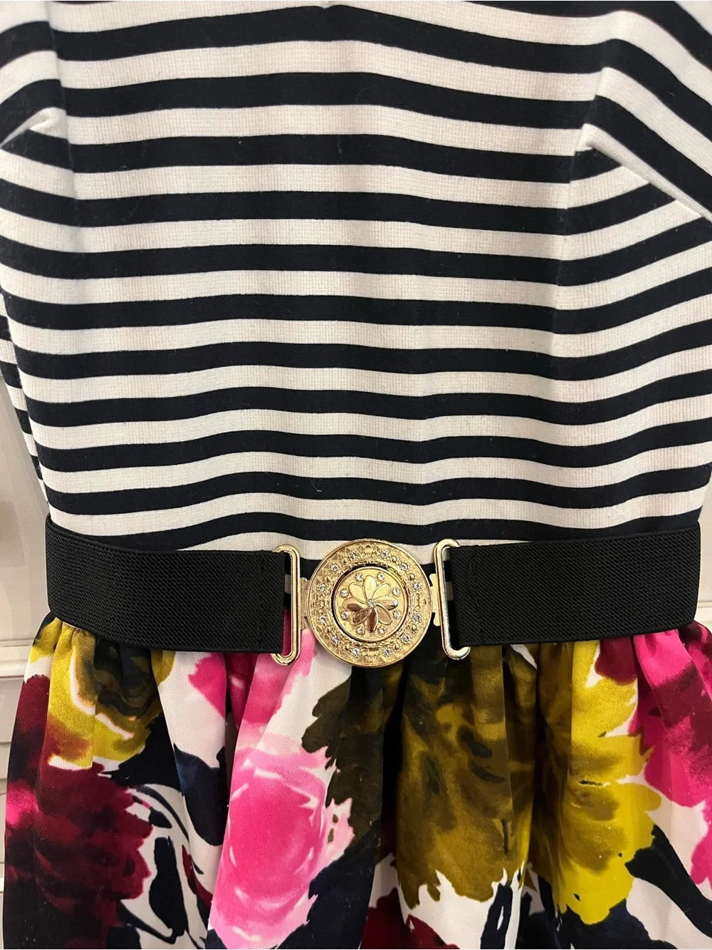 Just...Taylor Black & White Striped Top Floral Fit-and-Flare Mini Dress