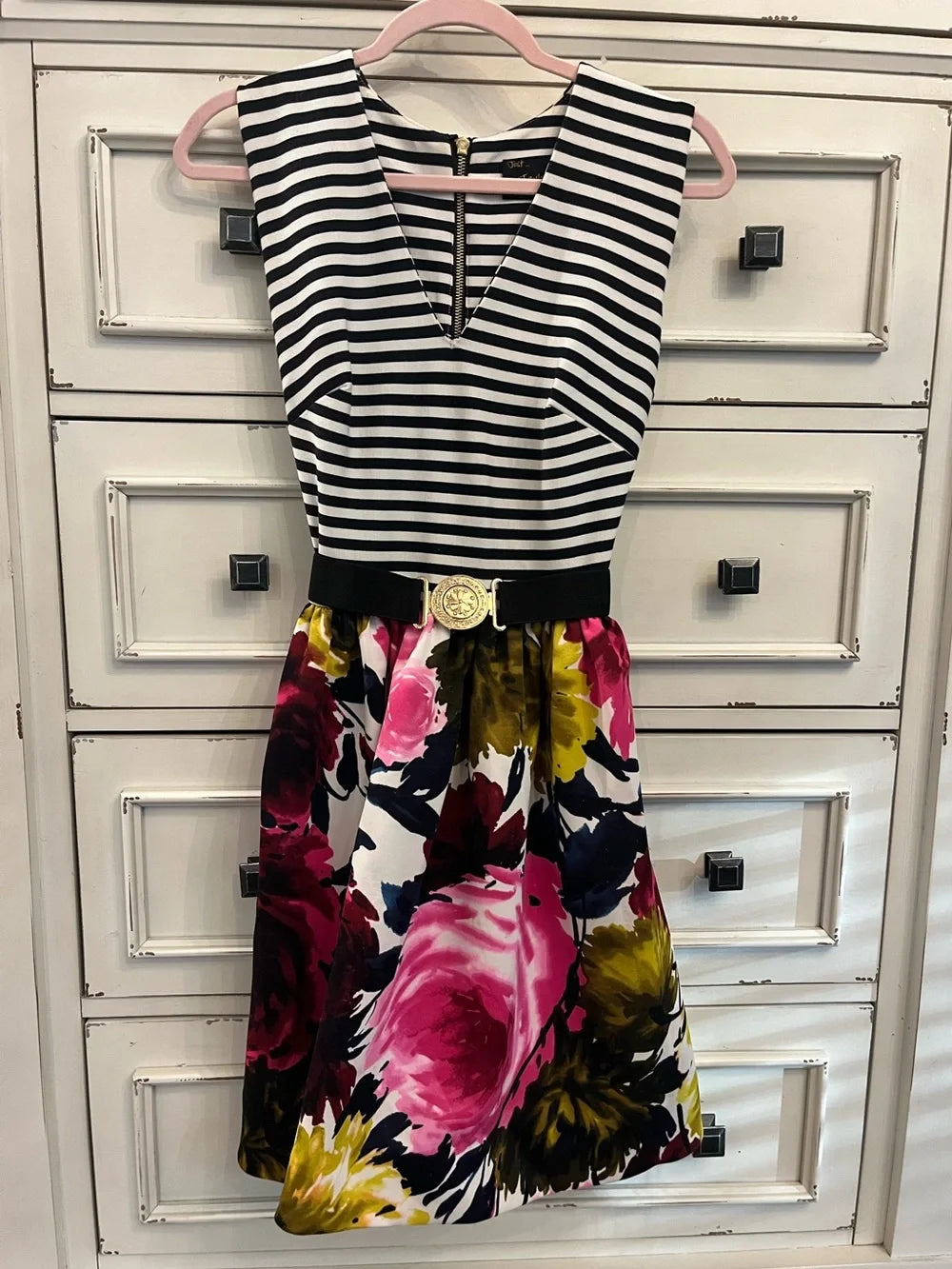 Just...Taylor Black & White Striped Top Floral Fit-and-Flare Mini Dress