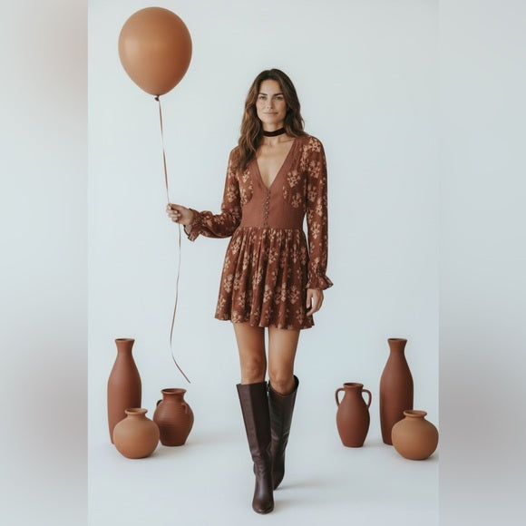 Ecote Long Sleeve Floral Dress in Brown