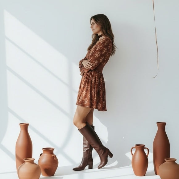 Ecote Long Sleeve Floral Dress in Brown