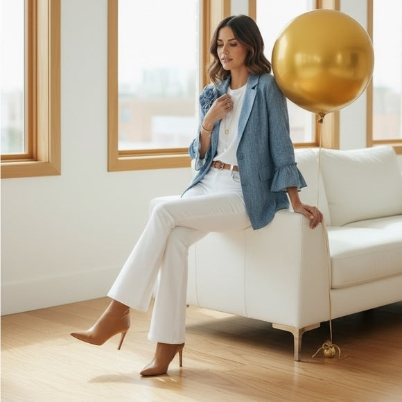 Elegant Blue Women's Blazer with Floral Accent