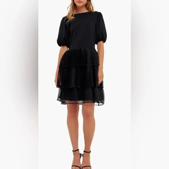 English Factory Black Puff Sleeve Mini Dress