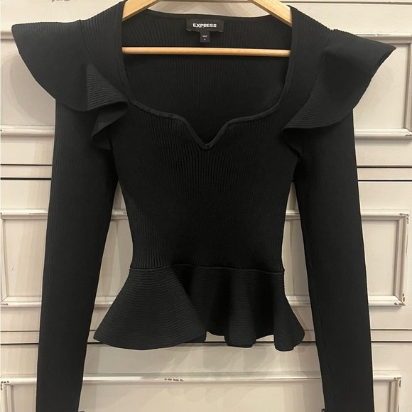 Express Classy Black Sweater Top with Ruffle Edging
