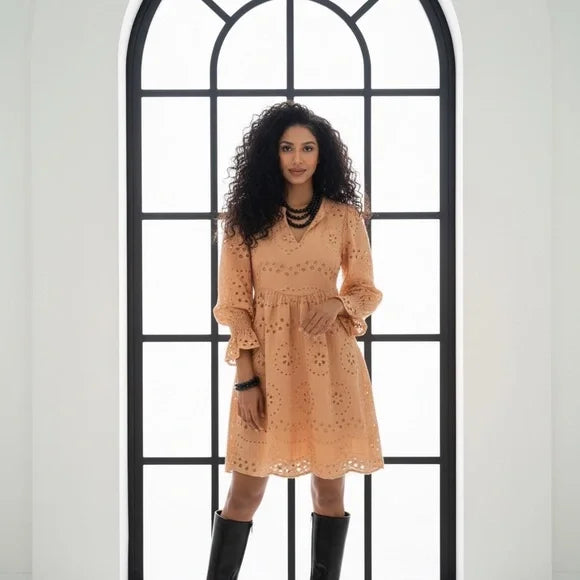 Yellow Eyelet Mini Dress with Long Sleeves