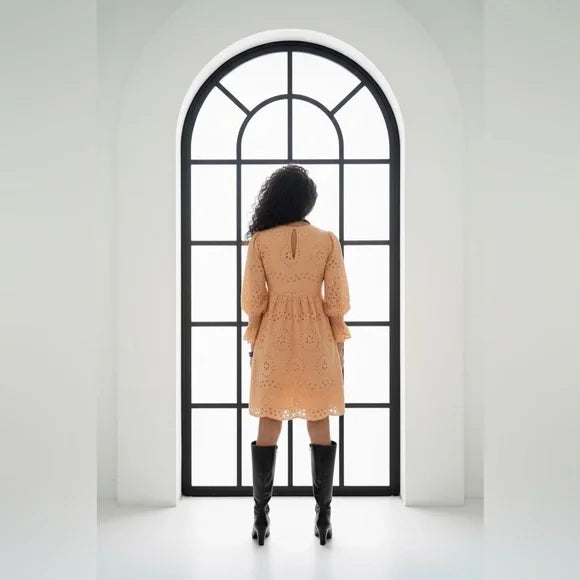 Yellow Eyelet Mini Dress with Long Sleeves