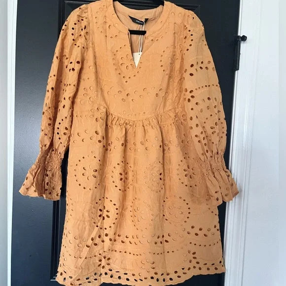 Yellow Eyelet Mini Dress with Long Sleeves