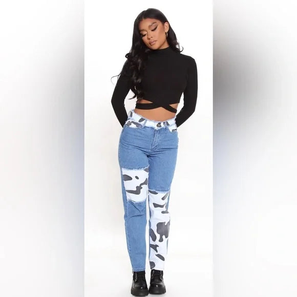 Fashion Nova Jeans Blue and Black Patterned Straight Leg Jeans