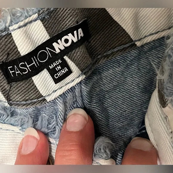 Fashion Nova Jeans Blue and Black Patterned Straight Leg Jeans