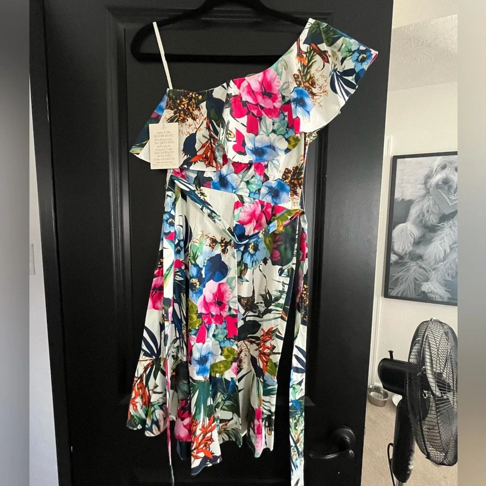 Boston Proper One-Shoulder Floral Belted Dress in White w/ Pink & Blue Floral-NEW W/TAGS!