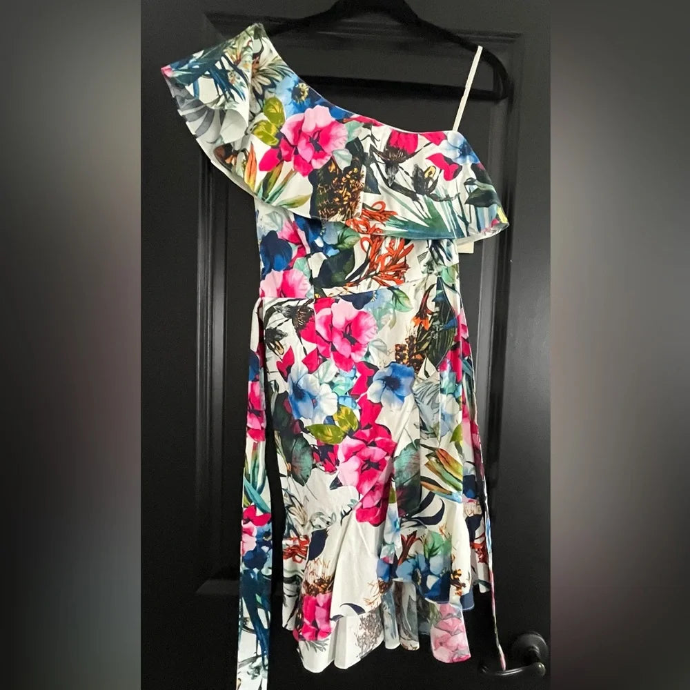 Boston Proper One-Shoulder Floral Belted Dress in White w/ Pink & Blue Floral-NEW W/TAGS!