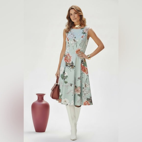 Floral A-Line Midi Dress with Scoop Neck