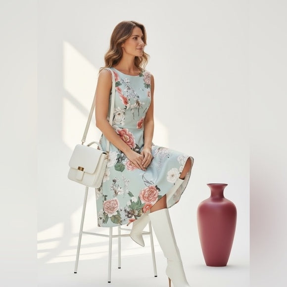 Floral A-Line Midi Dress with Scoop Neck