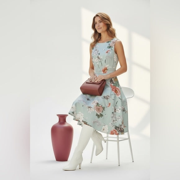 Floral A-Line Midi Dress with Scoop Neck