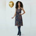 Paisley Print V‑Neck Midi Dress in Navy