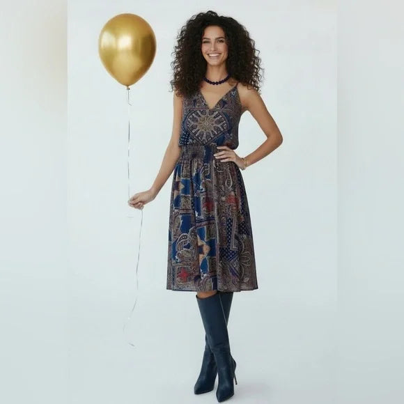 Paisley Print V‑Neck Midi Dress in Navy