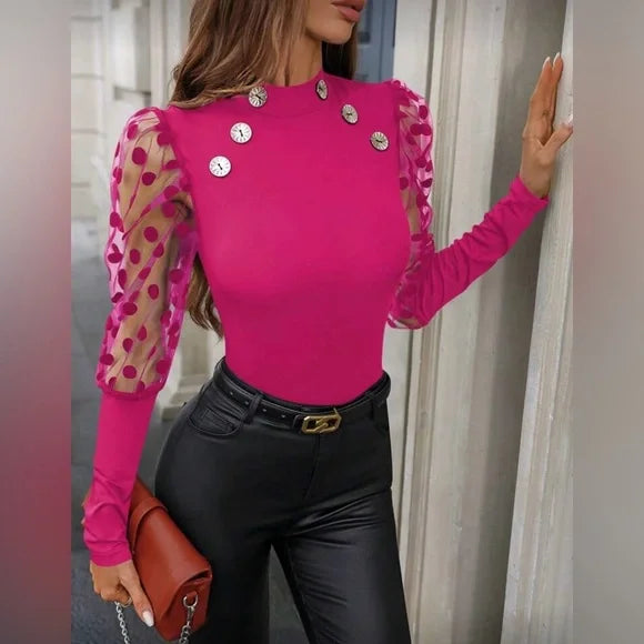Fuchsia Top with Sheer Polka Dot Sleeves