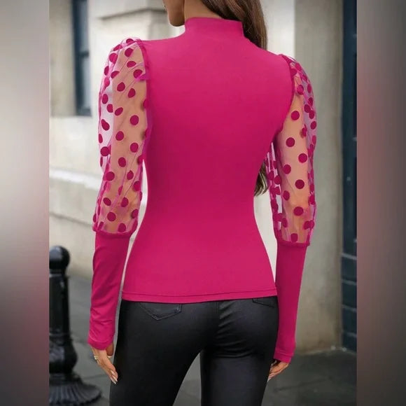 Fuchsia Top with Sheer Polka Dot Sleeves