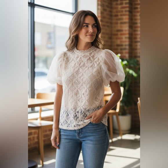 Haute Monde Lace Puff Sleeve Blouse - Cream