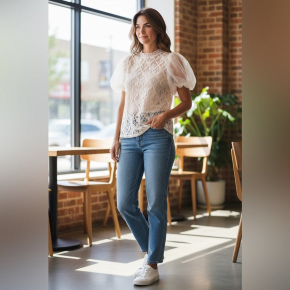 Haute Monde Lace Puff Sleeve Blouse - Cream