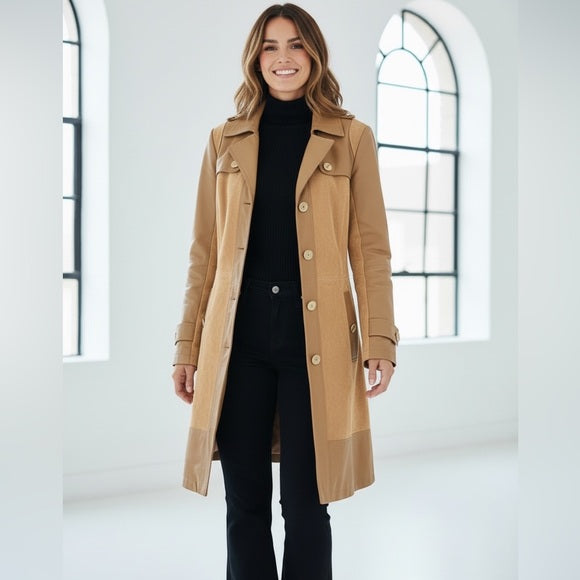 IMAN Camel Trench Coat 100% Leather