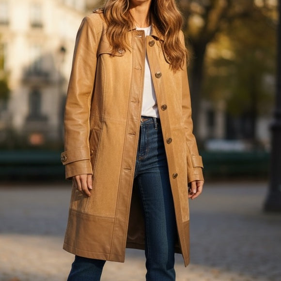 IMAN Camel Trench Coat 100% Leather