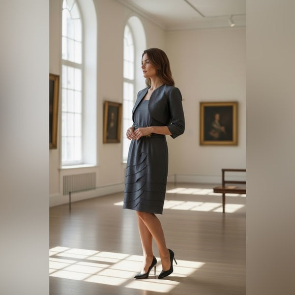 Jessica Howard Navy Ruched Sheath Dress 3/4 Sleeve