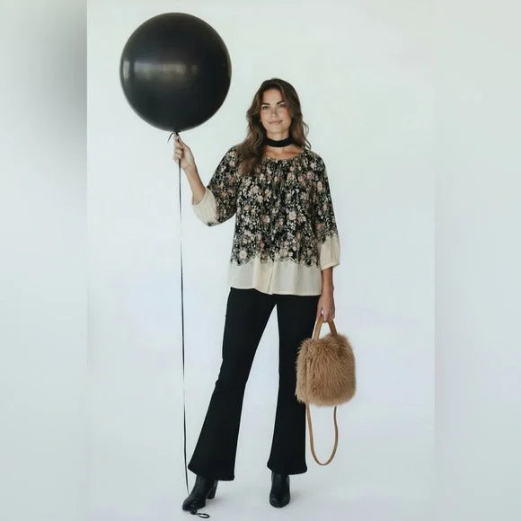 LC Lauren Conrad Floral Blouse - Black and Cream